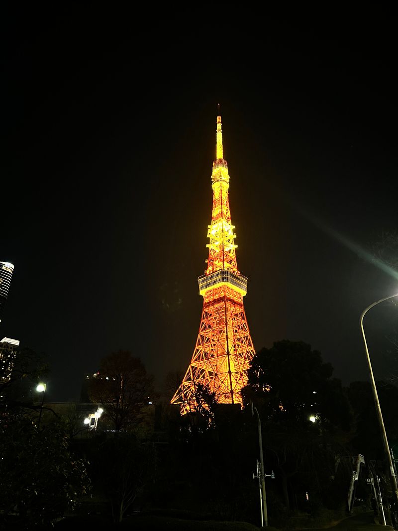 Tokyo Tower glowing orange in the distance at night