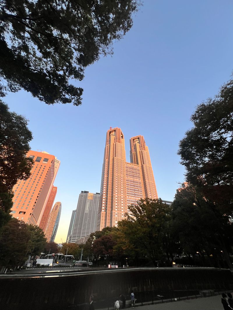 Tokyo skyscrapers rising behind a frame of leafy trees