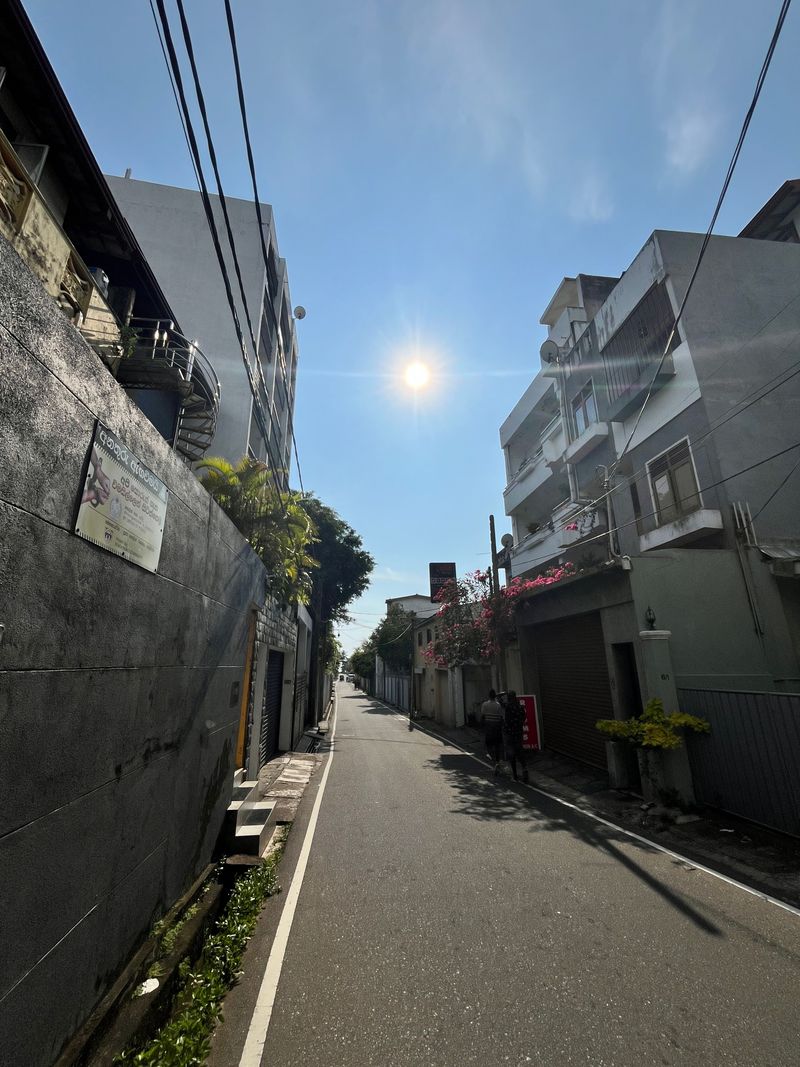 A sunny road winding through a quiet coastal town